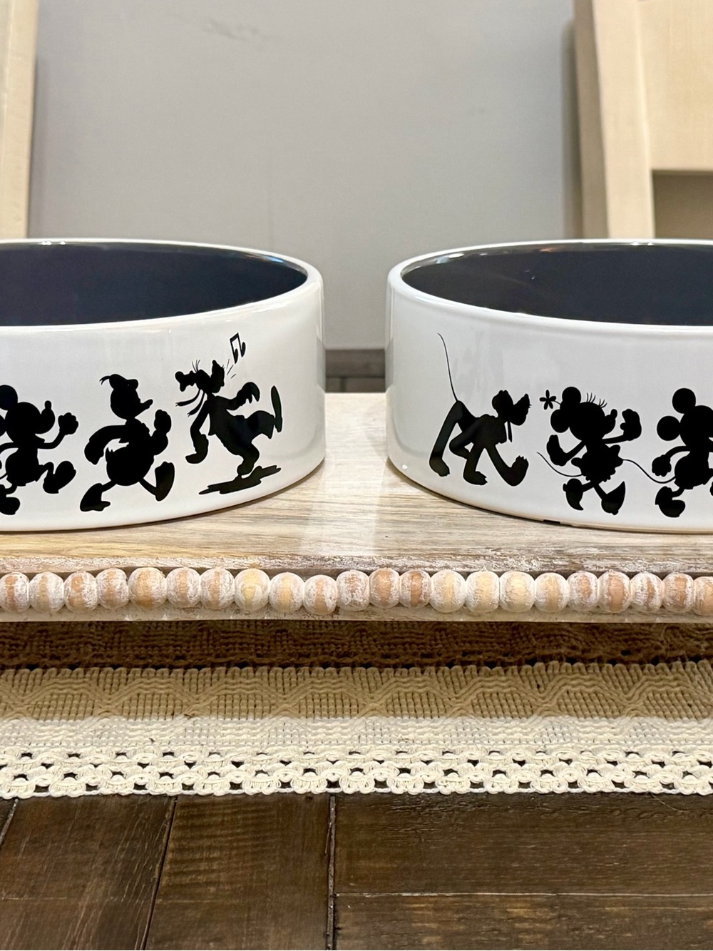 Disney White Ceramic Dog Bowls with Black Character Silhouettes - Set of 2